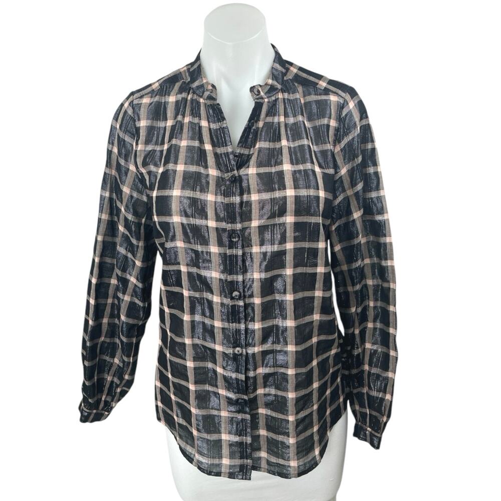 Rebecca Taylor La Vie Black Metallic Plaid Long Sleeve Button Down Shirt Top S